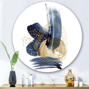 Landscape of Dark Blue Mountains & Gold Strokes II - Abstract Round Metal Wall Art